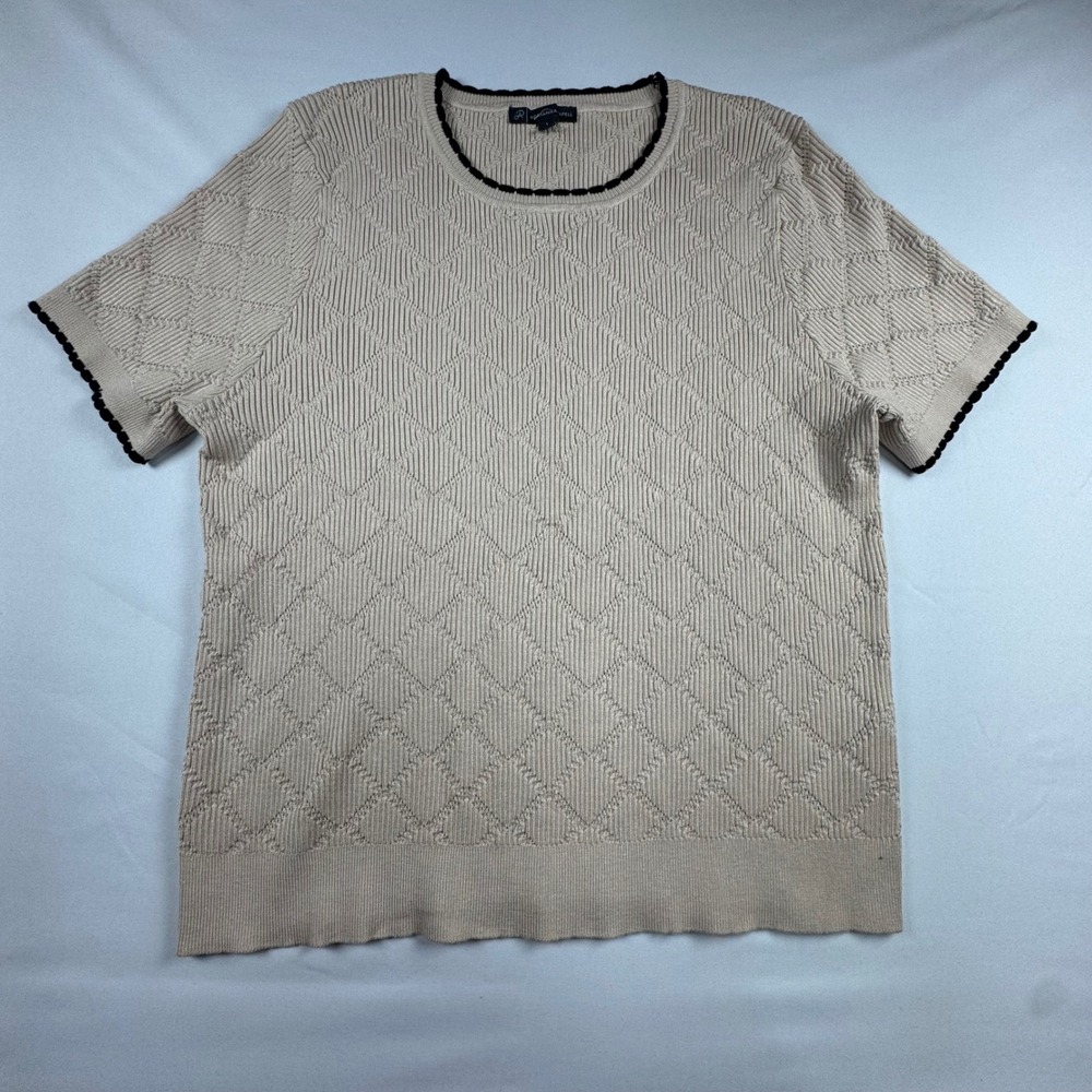 Adrianna Papell Womens‎ Beige Diamond Knit Short Sleeve Sweater Top Black Trim L
